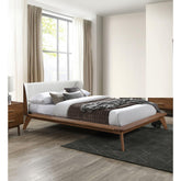 Fable / Beige Color Full Size Bed 1pc Fabric Winged Edge Headboard Platform Bedframe Mattress Ready Mid-Century Modern Style