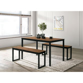 Industrial Style 3pc Dining Set 1x Dining Table 2x Bench U-Shape Metal Legs Wooden Top Walnut And Black Finish
