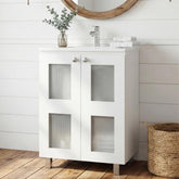 Neptune Bathroom Vanity Cabinet with 2 frosted glass Doors, Resin Sink and 2 Interior Shelves Cabinet, Compact Vintage and Modern Bathroom Vanity