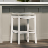 Story Bar-Height Backless Wood Narrow Saddle-Seat Barstool with Nailhead Trim, Farmhouse Whitewash with Gray Upholstered Seat, 1PC