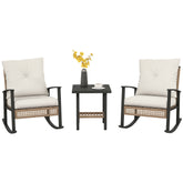 3 Pieces Bistro Set, Patio Wicker Furniture Set with Button Tufted Cushions, Rattan Rocking Chairs, Coffee Table, White