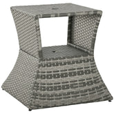 Outdoor Side Table with Umbrella Hole, 2 Tier Rattan Wicker End Table with Storage Shelf, All Weather for Outdoor, Patio, Garden, Backyard, Mixed Gray