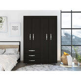 Clytemnestra Mobile Armoire, with hanging Rods, Double Door Cabinet, Three Drawers, Two Shelves Black