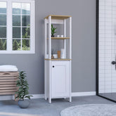 Linen Single Door Cabinet 59" H, Two Interior Shelves, Two Open Shelves, Light Oak / White