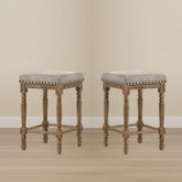 Set of 2pc Counter Height Stools Oak Finish Beige Fabric Seating Nailhead Trim Wooden Traditional Dining Room Furniture
