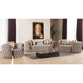 Revelation Button Tufted 3 Pc Set with Velvet Fabric and Gold Accent in Taupe