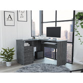 Iphigenia L-Shaped Desk, Keyboard Tray, Two Drawers, Single Open Shelf -Smokey Oak