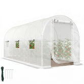 Hoop House Greenhouse, Walk-in Tunnel Greenhouse with 2 Support Rods, Zippered Roll-up Mesh Door, 14.6'x6.5'x6.6', White