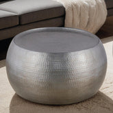 JOURNAL Modern Contemporary Round Aluminum material 32" Coffee Table, Farmhouse Table with Glossy Hand Hammered Design Antique Silver