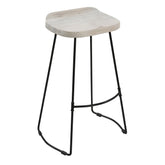 Neptune 30 Inch Handcrafted Backless Barstool, Whitewashed Mango Wood Saddle Seat, Black Metal Base