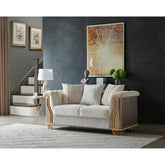 Epimetheus Two-Tone Wood Upholstery Loveseat with Modern Flawless Design, Stainless Steel Gold Accents, and Cream Finish