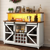 55" Coffee Bar Cabinet with Lights, Farmhouse Wine Cabinet with Wine and Glass Racks for Kitchen, Dining Room, White