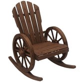Wooden Rocking Chair, Adirondack Rocker Chair w/Slatted Design and Oversized Back, Outdoor Rocking Chair with Wagon Wheel Armrest for Porch, Poolside, and Garden, Carbonized