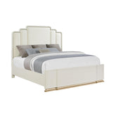 Cassandra Modern Upholstered King Bed in Beige with Scalloped Headboard and Gold Base Accent