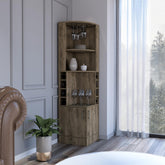 Story Corner Bar Cabinet, Eight Bottle Cubbies, Double Door, Two Open Shelves -Dark Brown