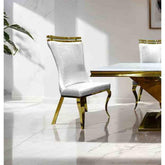 White Finish 2pc Side Chair Gold Legs Tiger Printed Upholstered Seat Dining Room