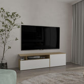 Record Floating 63" Wide Tv Stand with Two Cabinets, Six Shelves, Cable Management , Entertainment Center for Living Room , Wall Shelf Cabinet Natural Oak - White