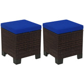 2 Piece Wicker Outdoor Ottomans with Cushions, Rattan Ottoman Footrest and Side Table for Patio, Yard, Poolside, Dark Blue