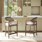 Ares Mid-Century Modern 26" Cane Back Counter Stool, Two-Tone Neutral Gray Polyester Wool Blend