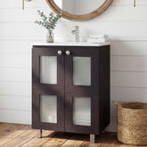 Neptune Bathroom Vanity Cabinet with 2 frosted glass Doors, Resin Sink and 2 Interior Shelves Cabinet, Compact Vintage and Modern Bathroom Vanity