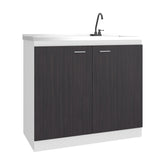 Pulsar Utility Sink with Faucet Inclued and Integrated Stainless Steel Counter top, Freestanding cabinet with two doors, Metal Handles and Two interior shelves, Black & White Print