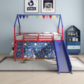 Agamemnon Metal Junior House Twin Loft Bed with Slide and Curtain Set, Super Hero Color Red and Blue