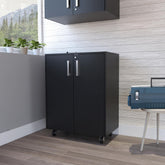 Storage Cabinet, Casters, Double Door, Two Interior Shelves -Black