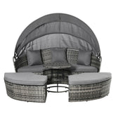4 Piece Round Rattan Daybed, Convertible Patio Furniture Set, Adjustable Sun Canopy, Sectional Outdoor Sofa, 2 Chairs, Extending Tea Table Ottoman Chair, 3 Pillows, Gray