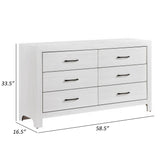 Record 59 Inch Wide Dresser, 6 Drawers with Black Nickel Handles, White Finish