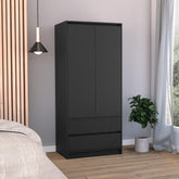 Aria 2 Drawers Armoire, Double Door, Hanging Rod -Black