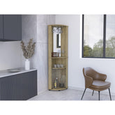 Meteor 75" H Mirrored Corner Bar Cabinet, With Glass Doors, Two Shelves and Stemware