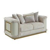 Asgard Contemporary Style Loveseat with rich beige color fabric, gold-accented framing, and distinctive diamond-pattern panels