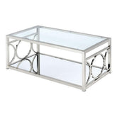 Nebula 47 Inch Coffee Table, Glass Top, Mirrored Bottom Shelf, Metal Accents