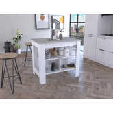 Astyanax Kitchen Island, Four Legs, Three Shelves -White / Ibiza Marble