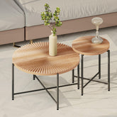 Nebula Pattern 2-Piece Coffee and End Table Set – Waterproof MDF with PVC Cover, Distressed Cylindrical Design, Black Metal Legs – Classic Rustic Charm, Red Cedar-Brown