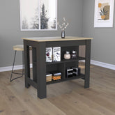 Kitchen Island, kitchen table 35" H, Four Legs, Three Open Storage Shelves, Black / Light Oak