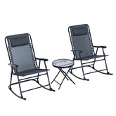 Outdoor Folding Rocking Chair Patio Table Seating Set, 2 Rocking Chairs with Armrests and 1 Side Table with Tempered Glass - Grey