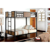 Black Finish Twin Over Twin Industrial Style Bunk Bed Metal Structure With Wooden Panel Attached Footboard Ladder And Nail Head Accent
