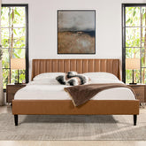 Camelot Vertical Tufted Headboard Platform Bed Set, King, Caramel Tan Brown Faux Leather