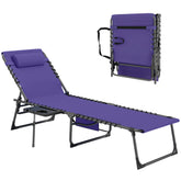 Folding Outdoor Chaise Lounge Chair Tanning Chair with 5-Level Adjustable Back, Side Table, Pillow, Pocket, Purple