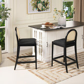 Neptune 26.5" Curved Back Cane Rattan Counter Stool, Set of 2, Ebony Black Boucle