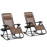 2 Outdoor Rocking Chairs Foldable Reclining Zero Gravity Lounge Rockers w/ Pillow Cup & Phone Holder, Brown