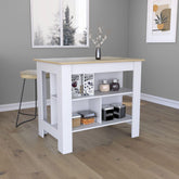 Kitchen Island, kitchen table 35" H, Four Legs, Three Open Storage Shelves, White / Light Oak