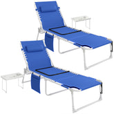 Tanning Chair Set of 2 with Face Hole and Side Table, 5-Position Folding Outdoor Chaise Lounge Chair, Navy Blue