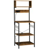 Kitchen Bakers Rack with Power Outlet, USB Charger, Microwave Stand, Coffee Bar with Adjustable Shelves, 5 Hooks for Spices, Pots and Pans, Rustic Brown