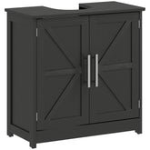 Farmhouse Pedestal Sink Storage Cabinet, Bathroom Sink Cabinet with 2 Barn Doors and Adjustable Shelf, Distressed Black