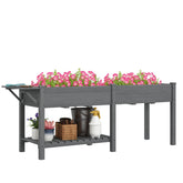 Wood Raised Garden Box, Elevated Garden Bed with Side Table, Bottom Shelf, Bed Liners and Drainage Holes, Gray