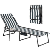 Folding Outdoor Chaise Lounge Chair Tanning Chair with 5-Level Adjustable Back, Side Table, Pillow, Pocket, Blue White