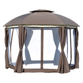 12' x 12' Round Outdoor Gazebo, Patio Dome Gazebo Canopy Shelter with Double Roof, Netting Sidewalls and Curtains, Zippered Doors, Strong Steel Frame, Brown
