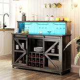 55" Coffee Bar Cabinet with Lights, Farmhouse Wine Cabinet with Wine and Glass Racks for Kitchen, Dining Room, Brown